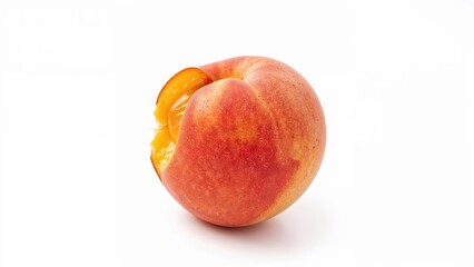 Juicy peach with bite taken out on white background highlighting freshness