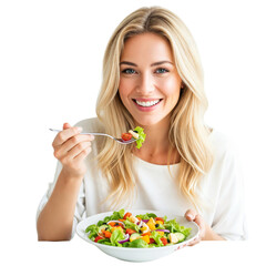 Smiling young woman with long blonde hair holds a bowl of fresh salad. She is enjoying a healthy meal with a fork in hand against a transparent background.