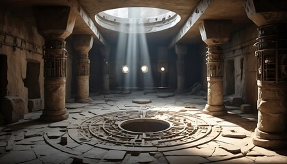 Obraz premium Exploring Ancient Temple Interior with Sunbeams and Circular Pattern Floor
