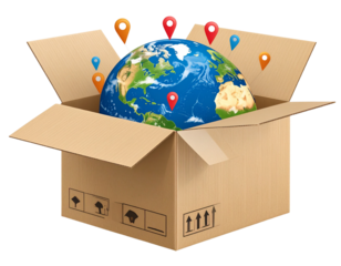 Earth Nestled Inside Sealed Box with Global Location Icons, Logistics PNG