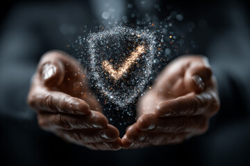Hands Present Security Shield. Concept for cyber protection, data privacy. Great for marketing, web design, fintech.