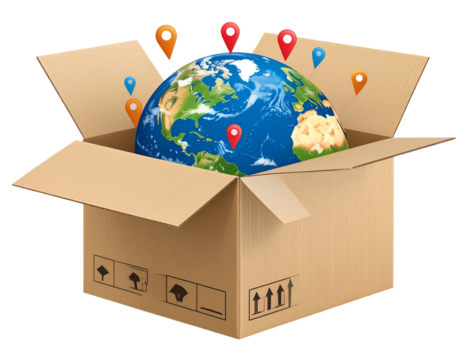 Earth Nestled Inside Sealed Box with Global Location Icons, Logistics PNG