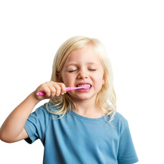 Young  girl with long blond hair brushes her teeth with a pink toothbrush. She smiles and enjoys the activity against a transparent background.