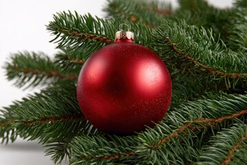 A single red glitter christmas ornament rests on lush green fir tree branches