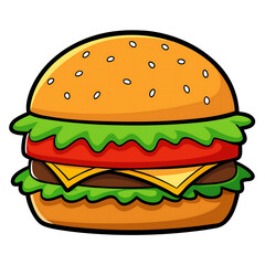 A cartoon hamburger with cheese, lettuce, and tomato looks delicious isolated on transparent background