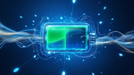Animated battery charging with green energy and electricity stream futuristic design - Powered by Adobe