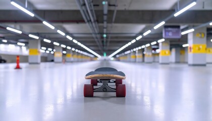 Obraz premium A skateboard in an empty underground parking lot with a long perspective view. Generated image