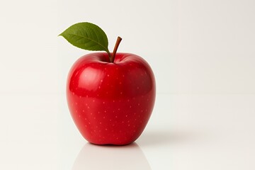 Luscious ripe red apple with a fresh green leaf sitting against a clean white background showcasing healthy fruit.