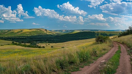Panoramic landscape of central Russia agricultural countryside with hills and country road. Summer landscape of the Samara valleys. Russian countryside. High resolution file for large format printing.