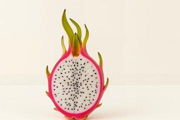 Sliced dragon fruit displaying white pulp with black seeds and vibrant pink rind on a neutral background.