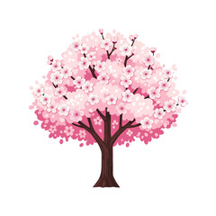 Obraz premium Isolated flowering cherry blossom tree illustration with pink blooms and brown trunk, concept for architecture design, landscape design and spring botanical element for environment and garden.