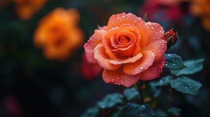A Dew-Kissed Rose: A Stunning Close-Up of a Vibrant Orange Rose Blossom