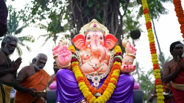 beautifully painted and decorated idol being worshipped by indian people outdoors. ganesh chaturthi celebration. cultural traditions, traditional hindu customs - Powered by Adobe