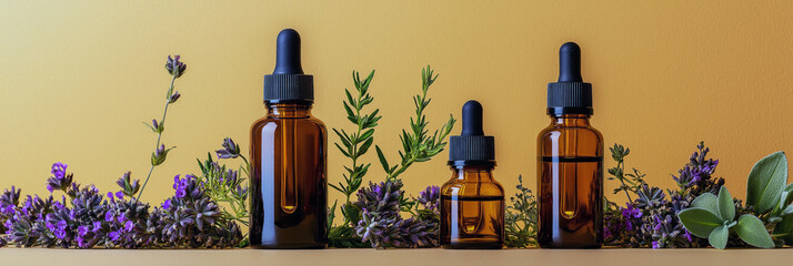 Adaptogen herbs and tincture bottles for wellness website or product blog, 3:1 banner image with earth tone background and copy space on the right