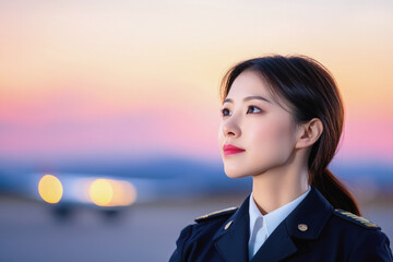 Confident Asian female pilot in uniform looking ahead with determination at sunset, with blurred airplane lights in the background.