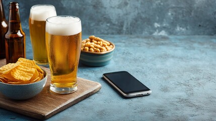 Bar table setup with multiple international beer brands, snacks, coasters, and smartphone showing "Beer Day Deals", clean lifestyle and e-commerce concept photo