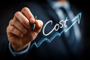 Businessman draws rising cost chart. Illustrates financial growth, inflation, price increase concept. For marketing, finance publications, design.
