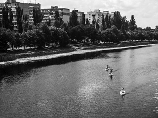 Athletes practicing stand up paddleboarding on a river near the city