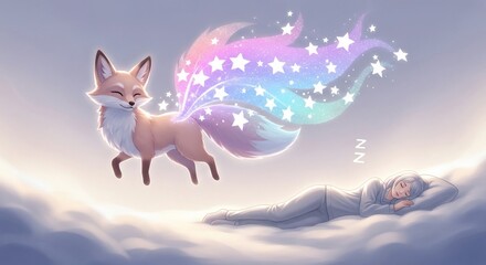 Dreamy Fox with Starry Tail and Sleeping Person in a Cloudscape