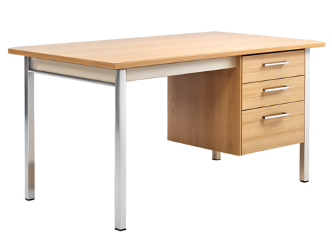 Photo of a modern office desk with drawers and metal legs isolated on transparent background