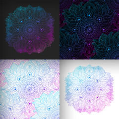 Ethnic seamless patterns and flower mandala in a psychedelic dark and light palette, pink, purple and blue. Floral and abstract details, oriental, indian, asian motifs.