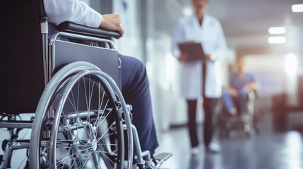 Obraz premium Close-up of man in wheelchair in hospital corridor, symbolizing healthcare, rehabilitation, patient care, disability support and medical recovery environment. Selective focus.