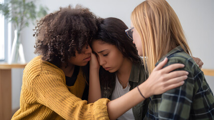 A woman receiving emotional support during a group therapy session. Useful for mental health topics, trauma recovery, community support and psychology themes.