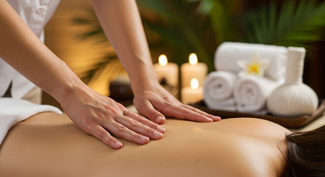 Woman patient lying on couch on Thai massage. Body relaxing treatment. Back manual therapy