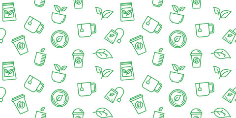 Seamless Vector Pattern of Green Tea: Herbal Leaf, Cup, and Teabag Icons for Natural Drink and Healthy Product Backgrounds