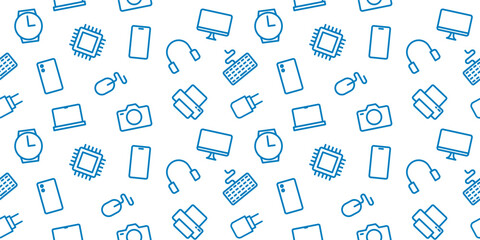 Technology Gadget Seamless Doodle Pattern - Electronic Device Vector Background with Smartphone, Laptop, Computer, Camera, and Modern Tech Designs