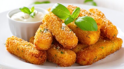 Delicious golden fried cheese sticks kitchen food photography bright setting close-up culinary delight