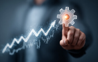Person taps gear icon on rising graph. Illustrates growth, business strategy, performance. For finance, marketing, editorial, web.