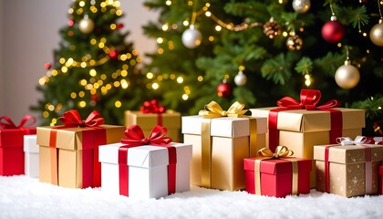 Christmas presents under a decorated tree