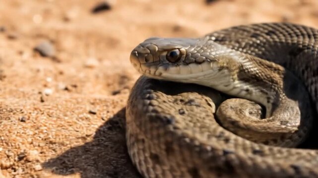 Close-up of a coiled snake with patterned scales, resting on sandy ground, tongue flicking