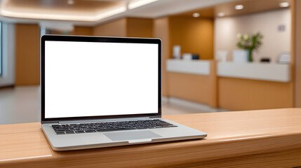 Fototapeta premium Modern laptop with blank white screen placed on hospital reception counter. Ideal for medical app mockups, healthcare UI, or telemedicine visuals. Clean and professional setting.