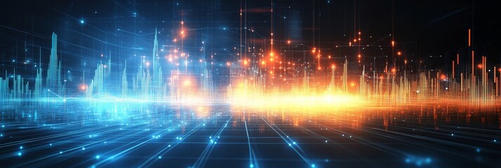 Dynamic Financial Market Analysis with Bright Neon Candle Graphs on a Dark Blue Backdrop Style