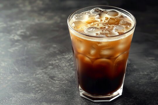 Glass of refreshing cold nitro coffee with ice on dark background