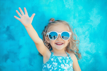 A cheerful little girl, waving hello and smiling