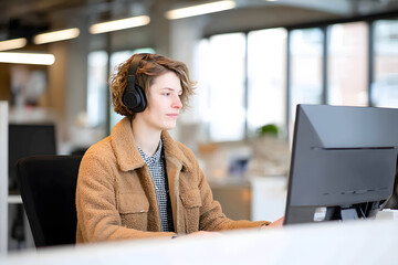 Young woman working in open office. Professional female with neurodiverse traits, representing inclusive work culture and modern workplaces.
