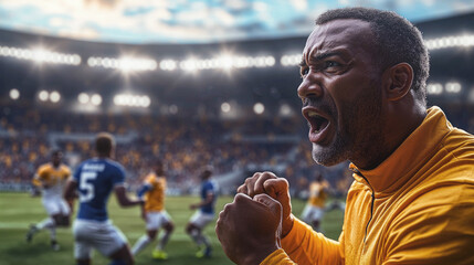 Intense football coach shouting with passion during a dramatic match, surrounded by players and stadium lights in a high-energy sporting moment.