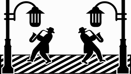 Two silhouettes of jazz musicians playing saxophones under street lamps on a striped surface design