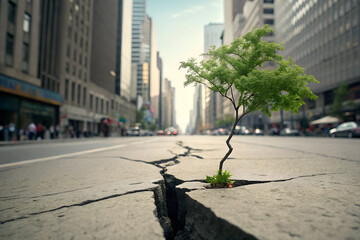 A lone tree growing from a crack in a city street. A powerful concept of hope, resilience, strength, and nature's triumphant return in an urban environment. generative ai