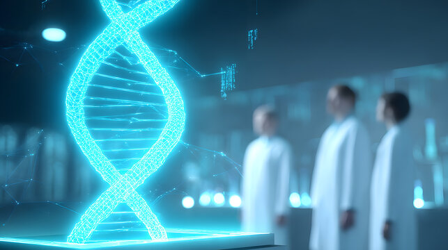 Team of scientists in futuristic lab analyzing holographic DNA model. Ideal for genetics, biotech, or medical research visuals. High-tech and professional concept.