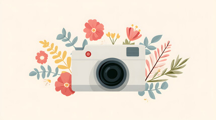 Obraz premium Minimalist mockup of a camera with leaves and pink flowers on white background. Ideal for Photography Day greeting cards, nature-themed visuals, or feminine creative content.