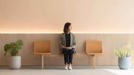 Woman calmly seated  in a pastel waiting room. Ideal for healthcare, meditation, or aging with dignity themes. Serene and respectful composition.