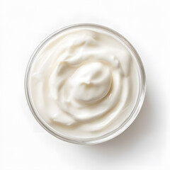 Realistic top view of a white bowl filled with creamy plain yogurt. Clean, minimal aesthetic ideal for food packaging, wellness branding, or dairy-related content.