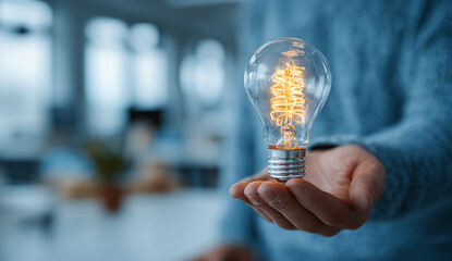 Person Holds Lit Lightbulb. Idea, energy, innovation concept.  For web, marketing, advertising use.
