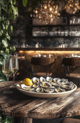 Fototapeta premium Elegant restaurant setting with fresh oysters on ice, lemon, and wine, evoking luxury dining, romance and gourmet seafood experiences in warm ambient light.