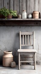 Fototapeta premium A realistic workshop setting showcases a vintage wooden chair positioned against a textured wall with shelves displaying pottery and plants in a serene atmosphere.