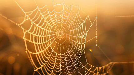 A spider web with many small beads of water on it.